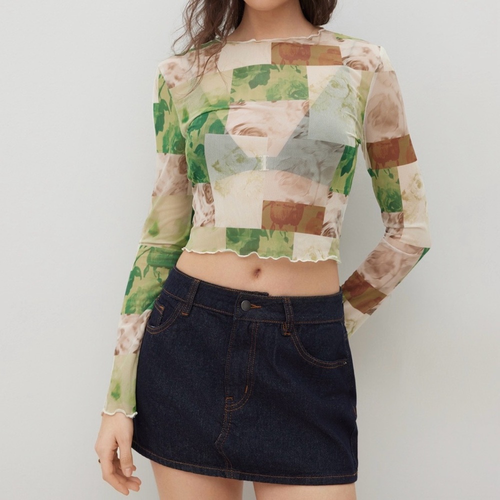 MESH FLORAL CROP TEE Green Size Small